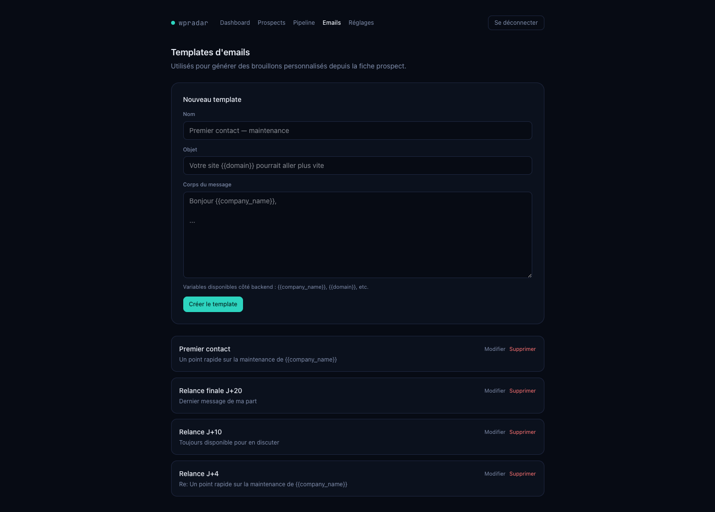 Gestion des templates d'emails de prospection WPRadar